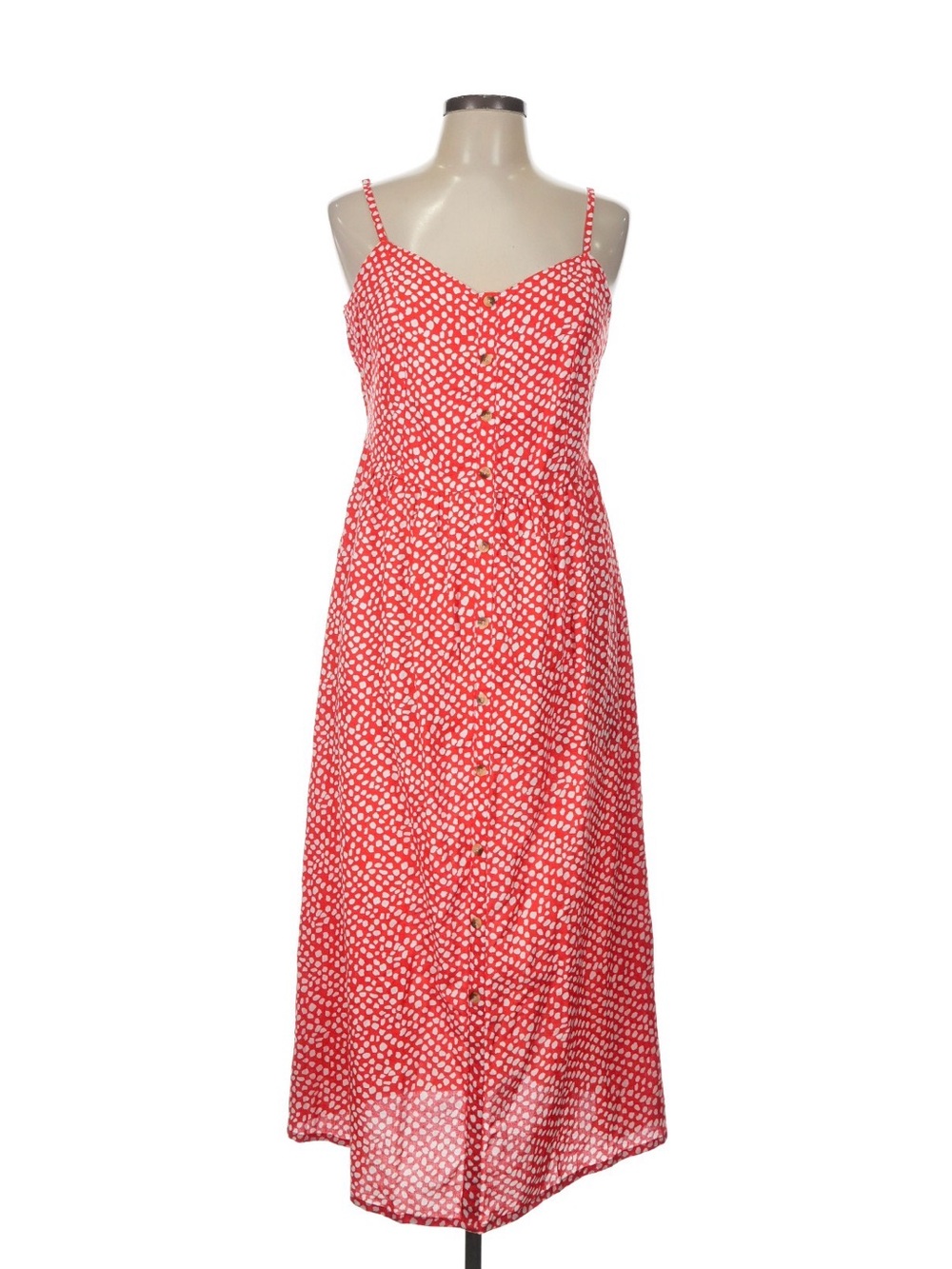 Spotted Red Button-Front Midi Sundress with Spaghetti Straps